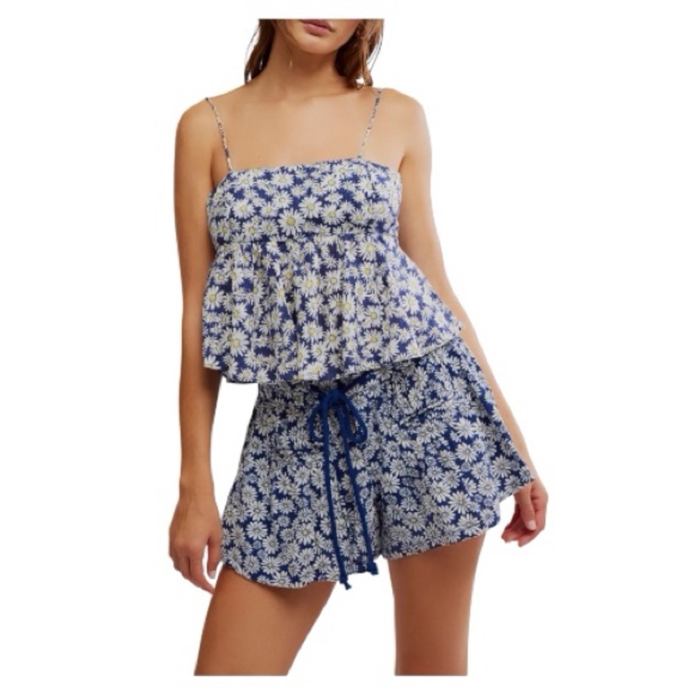 Free People Mia Printed Pleated Peplum Open Back with Skinny Straps size M NWT